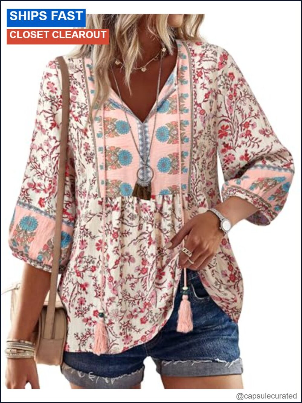 Boho Babydoll Tunic Top V-Neck 3/4 Sleeve Peplum Floral Blouse